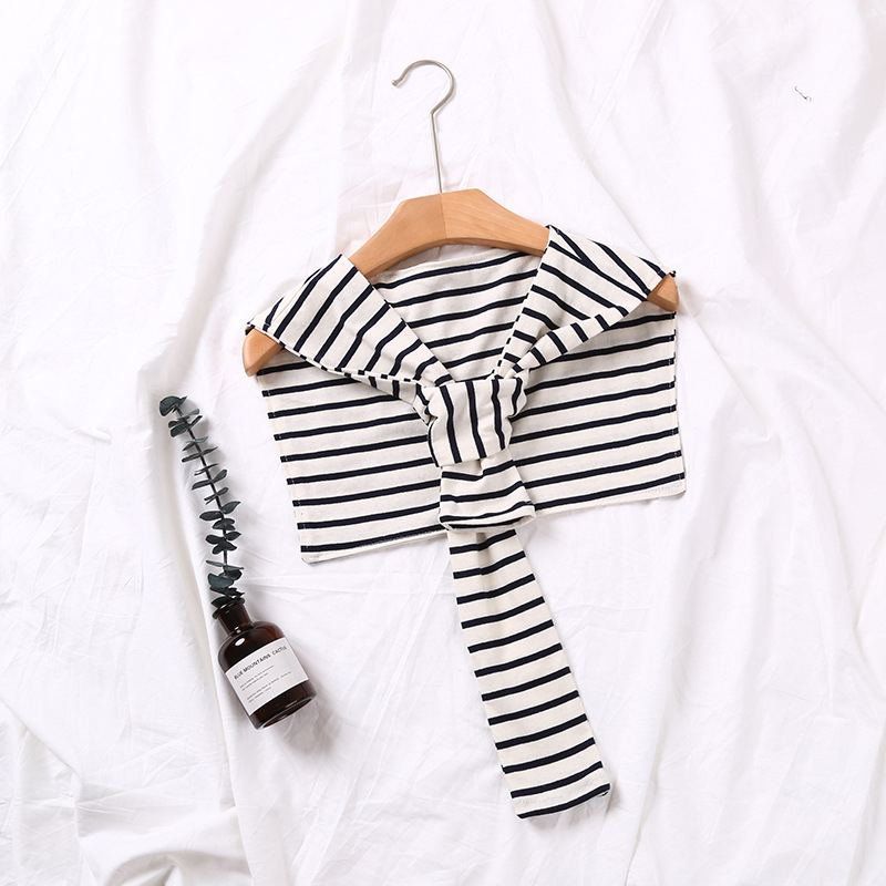 Корейски стил вързан памучен шал за жени, декоративна пелерина на райета с аксесоар за яка, подходящ за лято, пролет и есен.