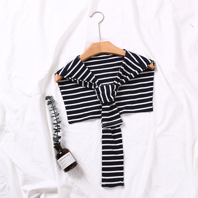 Корейски стил вързан памучен шал за жени, декоративна пелерина на райета с аксесоар за яка, подходящ за лято, пролет и есен.