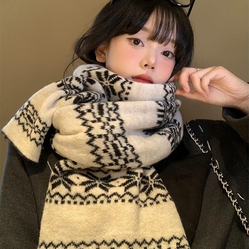 Двустранен плетен шал за жени, корейски стил зимна атмосфера, плътна топлина, винтидж шал, Зимна колекция 2025