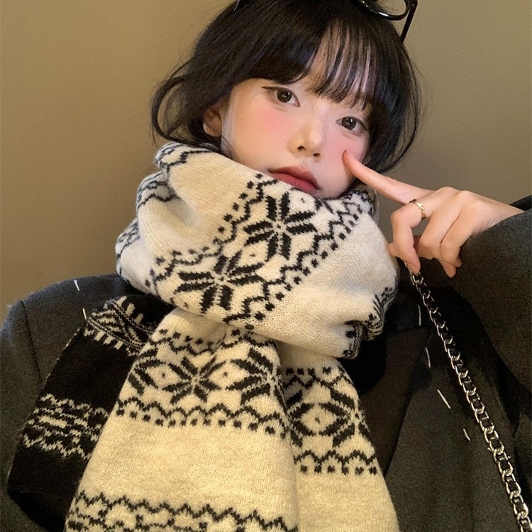 Двустранен плетен шал за жени, корейски стил зимна атмосфера, плътна топлина, винтидж шал, Зимна колекция 2025