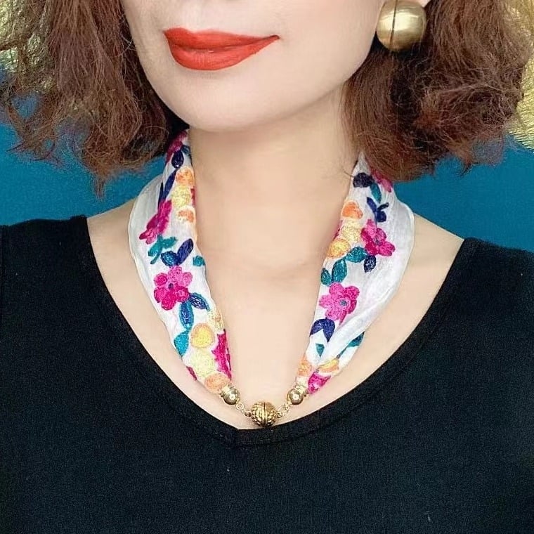 Бродиран шал за врата от памук и лен, флорална шарка, етнически стил, средна дължина, слънцезащита