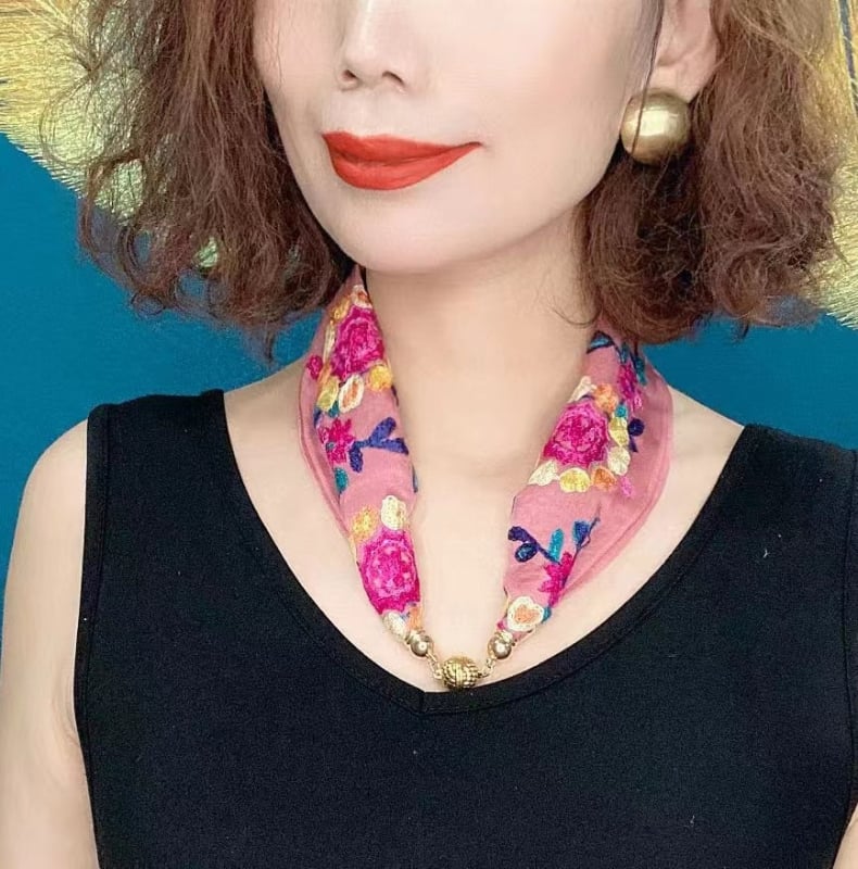 Бродиран шал за врата от памук и лен, флорална шарка, етнически стил, средна дължина, слънцезащита