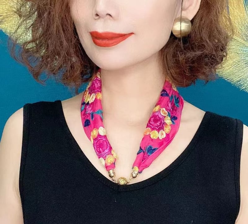 Бродиран шал за врата от памук и лен, флорална шарка, етнически стил, средна дължина, слънцезащита