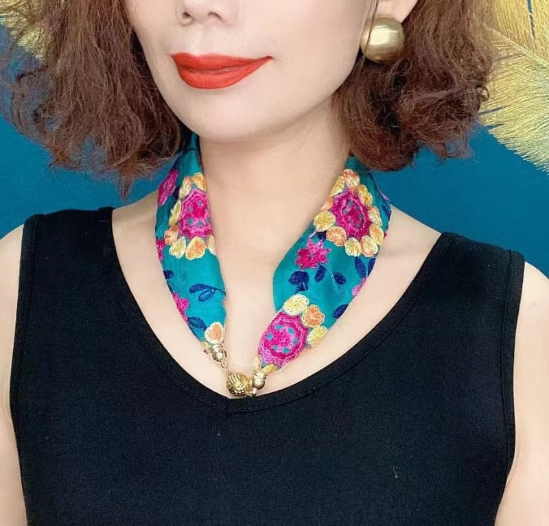 Бродиран шал за врата от памук и лен, флорална шарка, етнически стил, средна дължина, слънцезащита