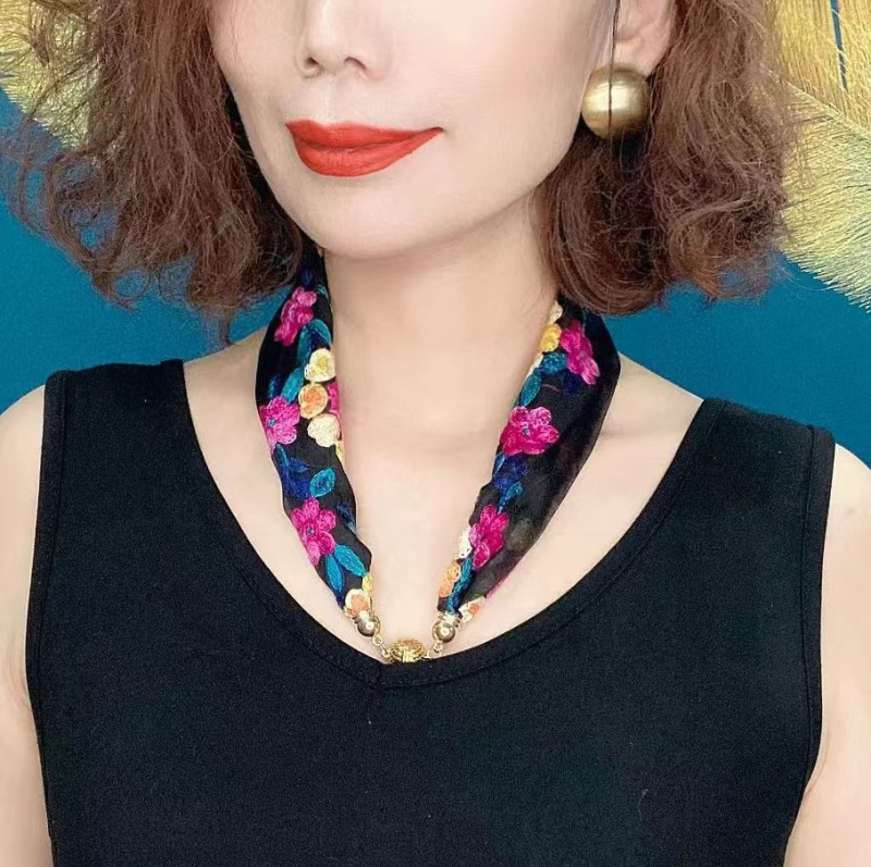 Бродиран шал за врата от памук и лен, флорална шарка, етнически стил, средна дължина, слънцезащита