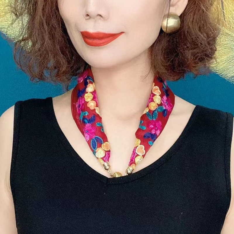 Бродиран шал за врата от памук и лен, флорална шарка, етнически стил, средна дължина, слънцезащита