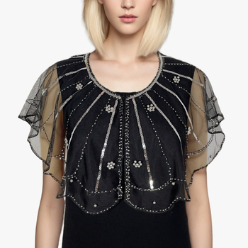 Вечерен аксесоар за рокля: мъниста и дантела, полиестер, плоско тъкане, райета, бродирани детайли