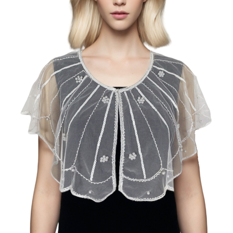 Вечерен аксесоар за рокля: мъниста и дантела, полиестер, плоско тъкане, райета, бродирани детайли