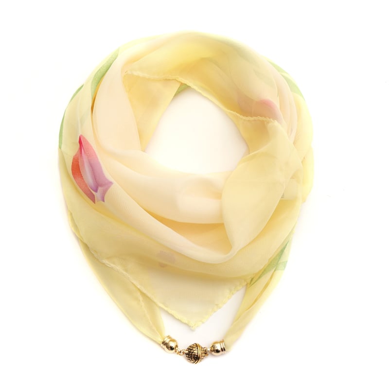 Шифонен шал с магнитно закопчаване и верижка, принт с лалета, универсален малък квадратен шал – CXKXFJ001