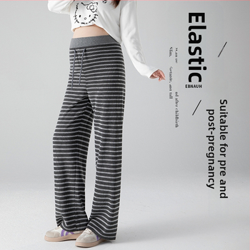 Панталони за бременни с широки крачоли, райета, подплатени полар, опора на корема, за пролет и есен 2025