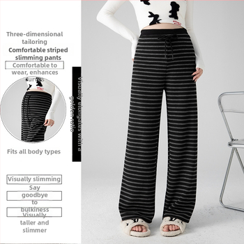 Панталони за бременни с широки крачоли, райета, подплатени полар, опора на корема, за пролет и есен 2025