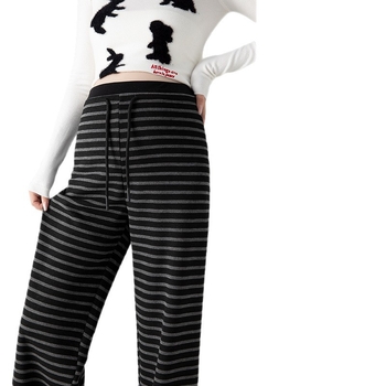 Панталони за бременни с широки крачоли, райета, подплатени полар, опора на корема, за пролет и есен 2025