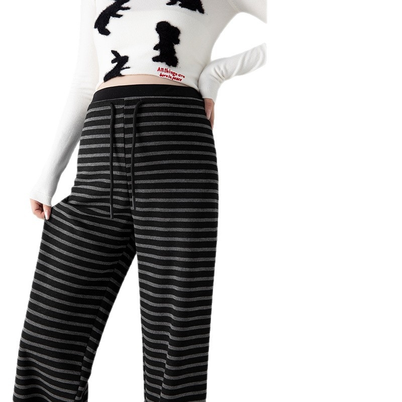 Панталони за бременни с широки крачоли, райета, подплатени полар, опора на корема, за пролет и есен 2025