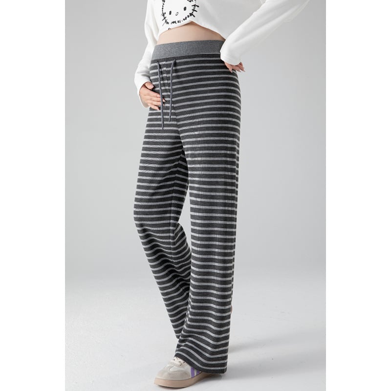 Панталони за бременни с широки крачоли, райета, подплатени полар, опора на корема, за пролет и есен 2025