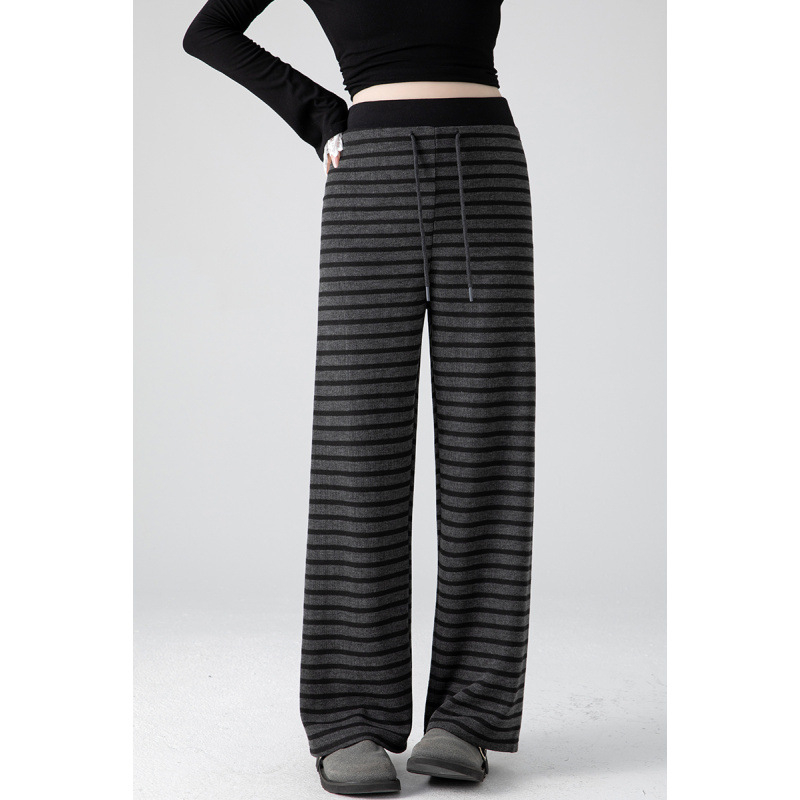 Панталони за бременни с широки крачоли, райета, подплатени полар, опора на корема, за пролет и есен 2025