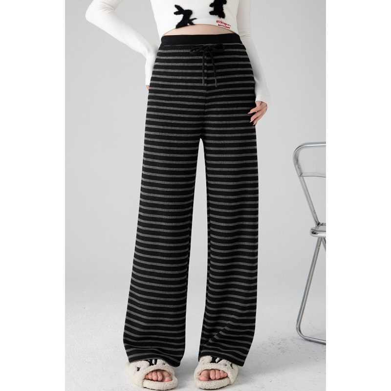 Панталони за бременни с широки крачоли, райета, подплатени полар, опора на корема, за пролет и есен 2025