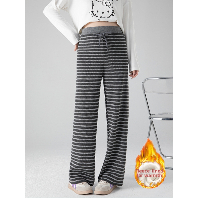 Панталони за бременни с широки крачоли, райета, подплатени полар, опора на корема, за пролет и есен 2025