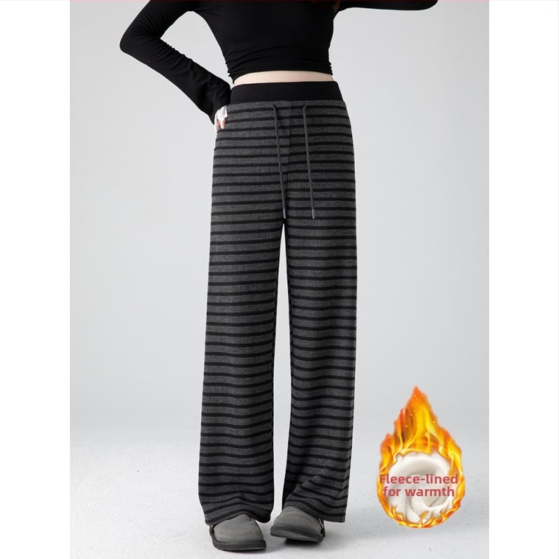 Панталони за бременни с широки крачоли, райета, подплатени полар, опора на корема, за пролет и есен 2025