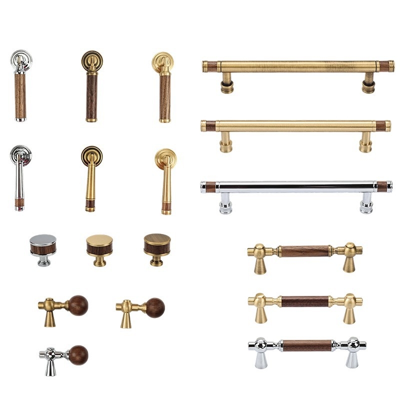 Дръжка за шкаф - медна сплав + орехово дърво, електроплатирана, стил лайт лукс, модел 2285/2287, за гардероб, шкафове и чекмеджета, баня и винен шкаф