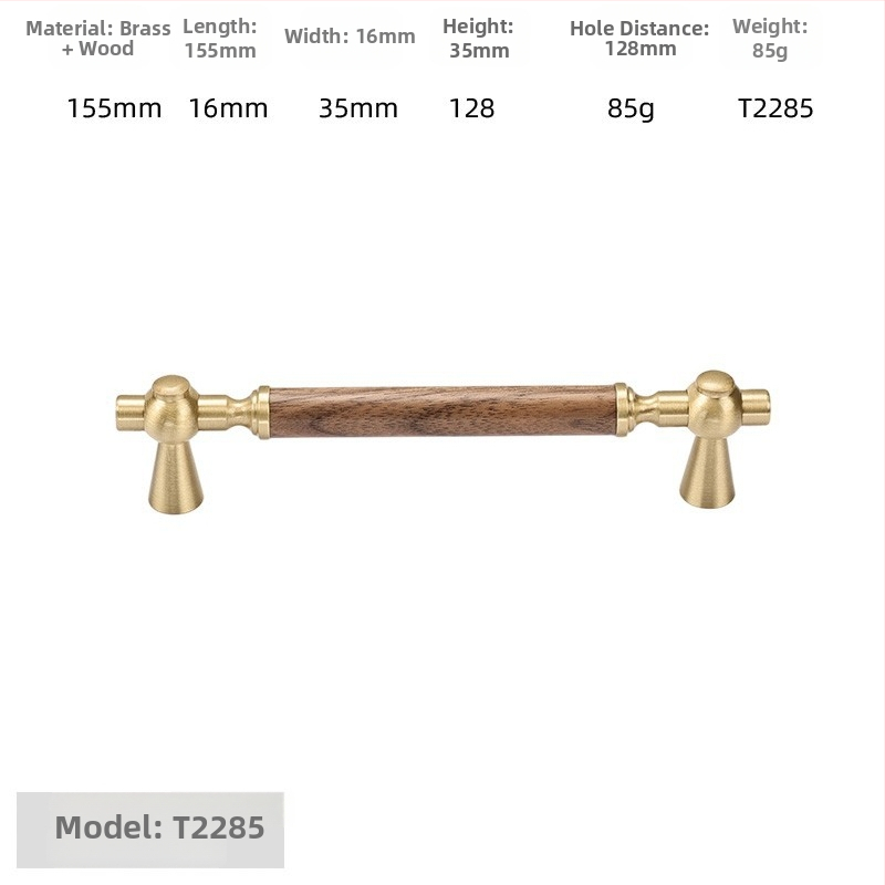 Дръжка за шкаф - медна сплав + орехово дърво, електроплатирана, стил лайт лукс, модел 2285/2287, за гардероб, шкафове и чекмеджета, баня и винен шкаф