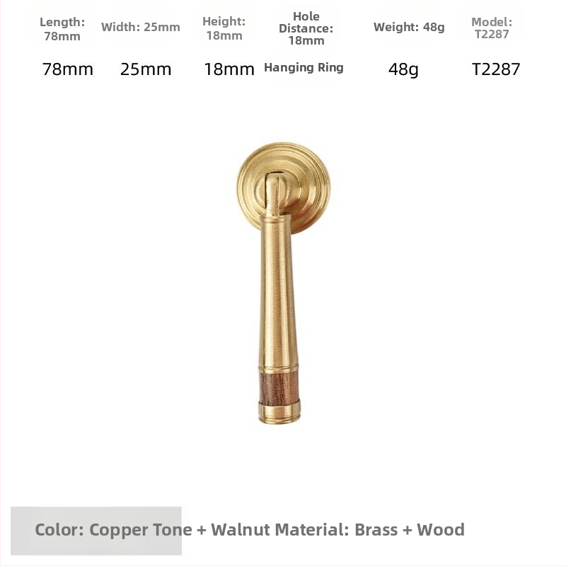 Дръжка за шкаф - медна сплав + орехово дърво, електроплатирана, стил лайт лукс, модел 2285/2287, за гардероб, шкафове и чекмеджета, баня и винен шкаф