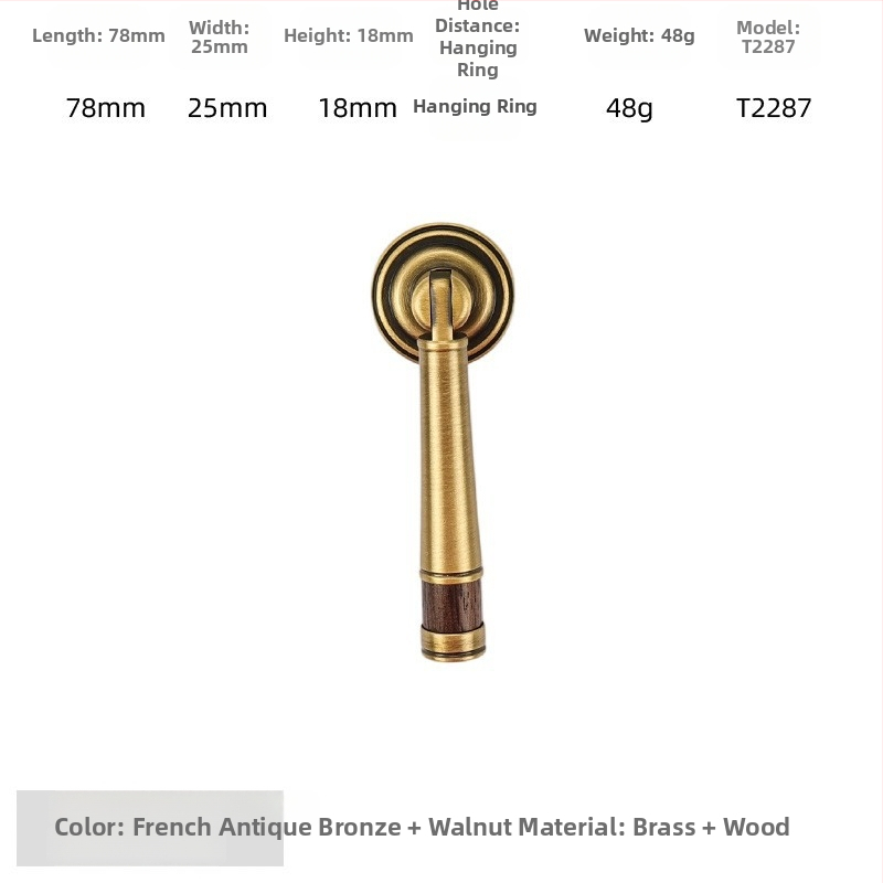 Дръжка за шкаф - медна сплав + орехово дърво, електроплатирана, стил лайт лукс, модел 2285/2287, за гардероб, шкафове и чекмеджета, баня и винен шкаф