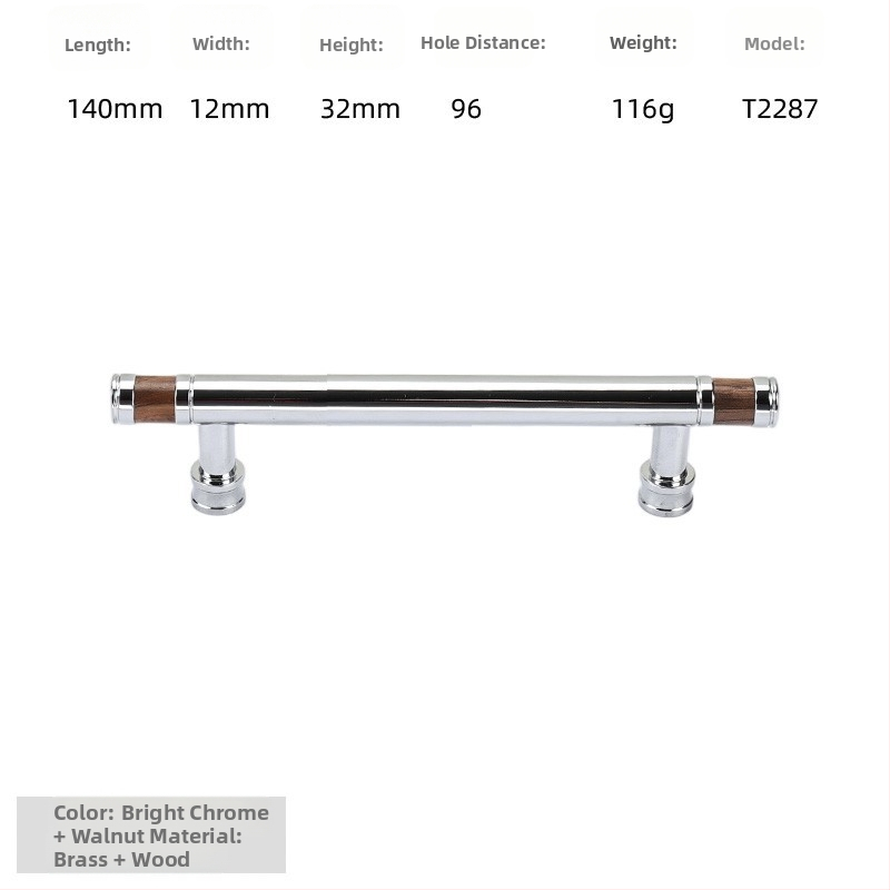 Дръжка за шкаф - медна сплав + орехово дърво, електроплатирана, стил лайт лукс, модел 2285/2287, за гардероб, шкафове и чекмеджета, баня и винен шкаф