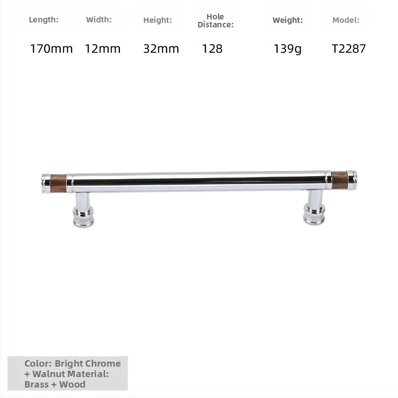 Дръжка за шкаф - медна сплав + орехово дърво, електроплатирана, стил лайт лукс, модел 2285/2287, за гардероб, шкафове и чекмеджета, баня и винен шкаф