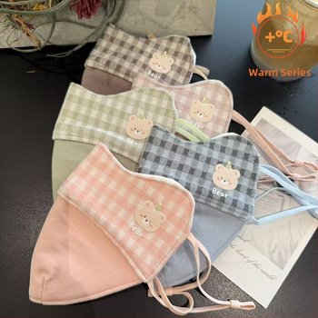 Детска топла маска за зимата, памук, клетъчен принт, карикатурен стил, с ушни ластички