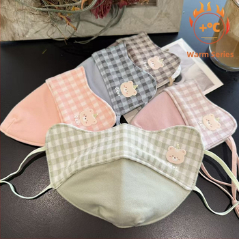 Детска топла маска за зимата, памук, клетъчен принт, карикатурен стил, с ушни ластички