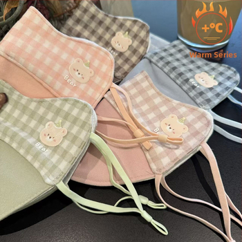 Детска топла маска за зимата, памук, клетъчен принт, карикатурен стил, с ушни ластички