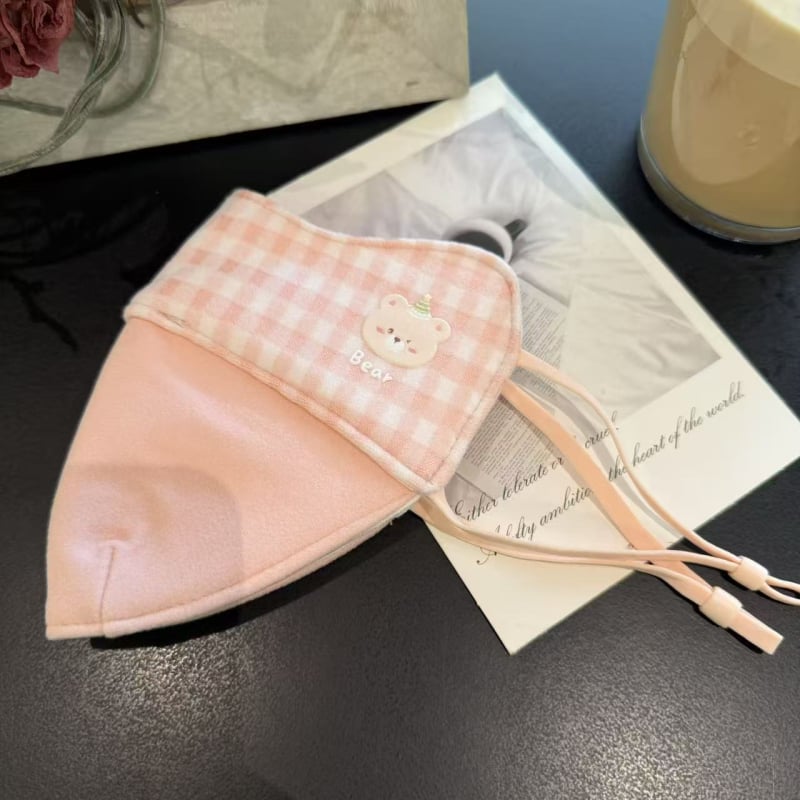 Детска топла маска за зимата, памук, клетъчен принт, карикатурен стил, с ушни ластички