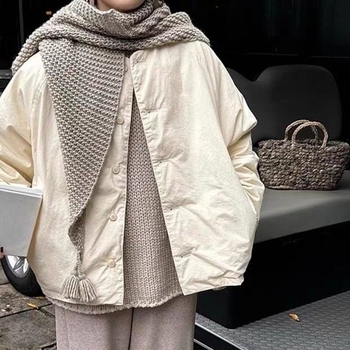 Шал от дебела плетка с яка, вълнена смес, триъгълен дизайн с ресни, слоест топло увиване за врата