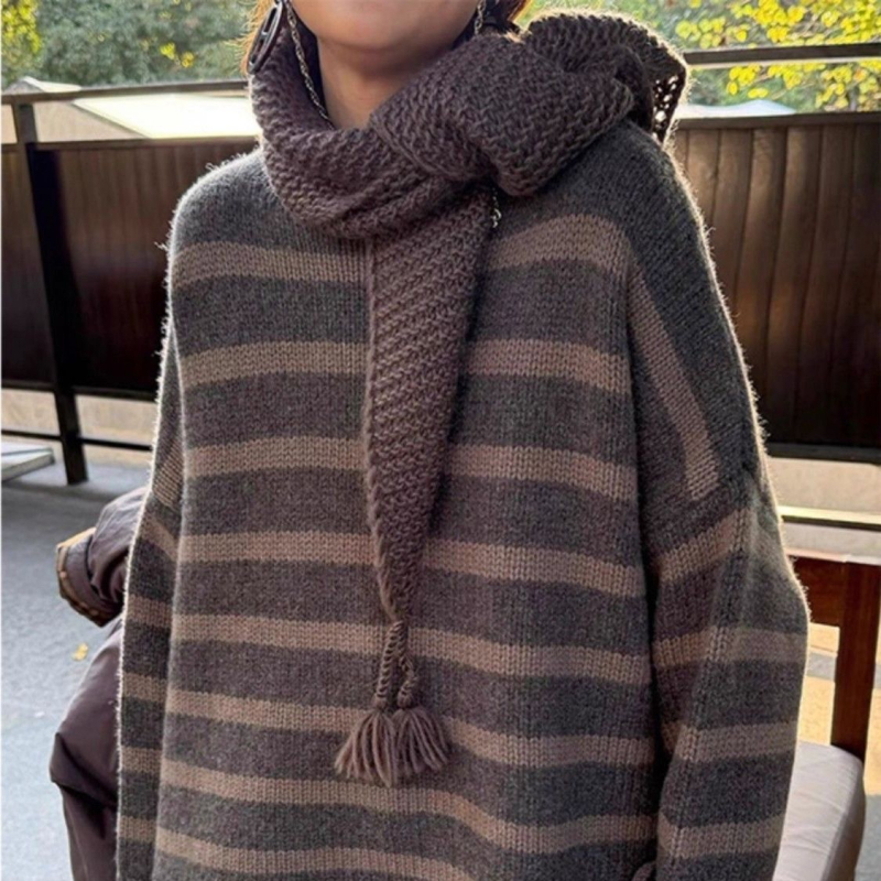 Шал от дебела плетка с яка, вълнена смес, триъгълен дизайн с ресни, слоест топло увиване за врата