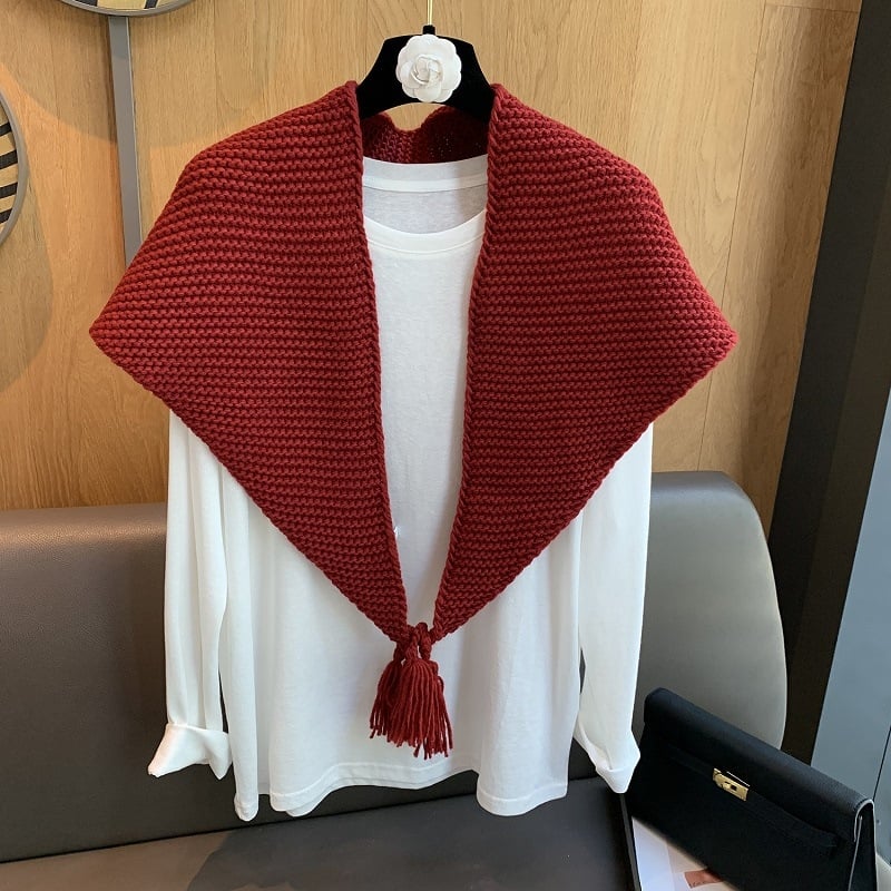 Шал от дебела плетка с яка, вълнена смес, триъгълен дизайн с ресни, слоест топло увиване за врата