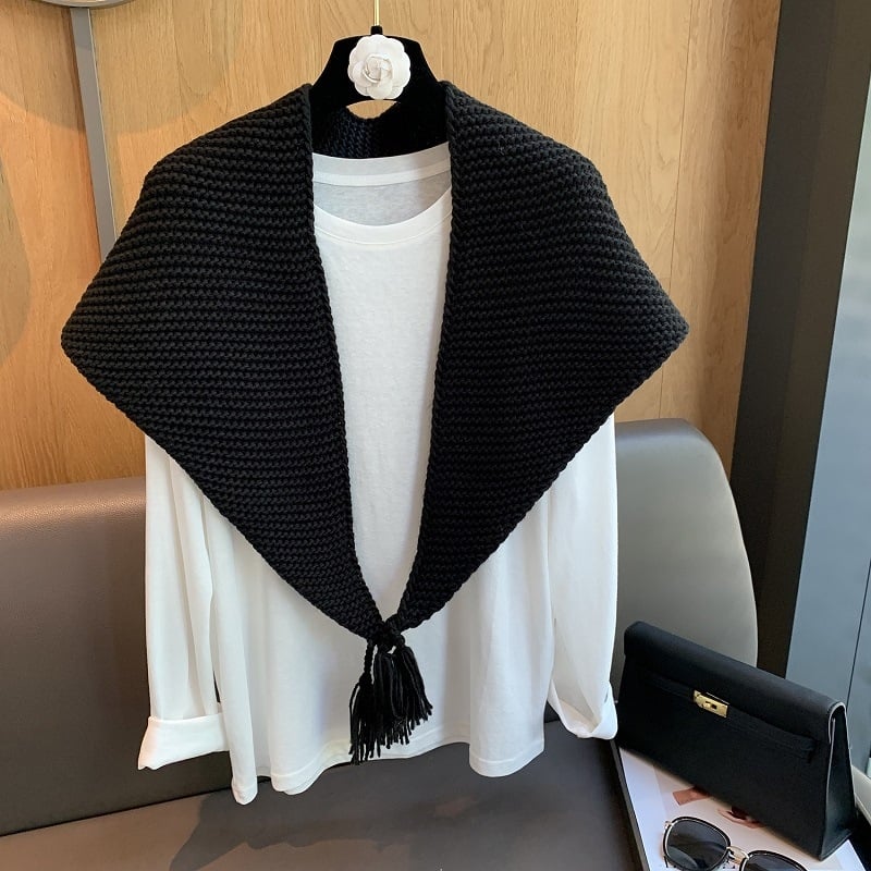 Шал от дебела плетка с яка, вълнена смес, триъгълен дизайн с ресни, слоест топло увиване за врата