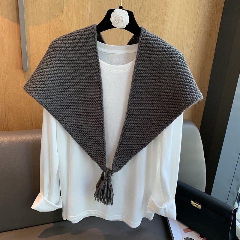 Шал от дебела плетка с яка, вълнена смес, триъгълен дизайн с ресни, слоест топло увиване за врата