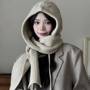 Ženski vuneni šal s kapuljom i vrpcom — trosezonska toplina, japansko-korejski stil, jacquard pletenje
