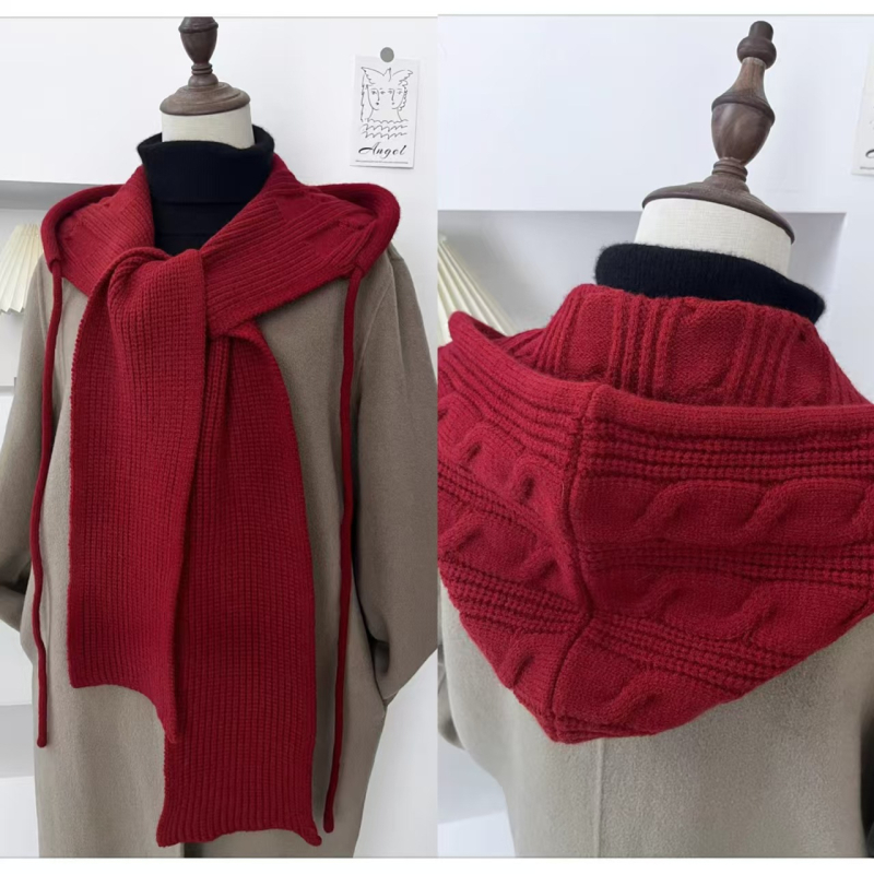 Ženski vuneni šal s kapuljom i vrpcom — trosezonska toplina, japansko-korejski stil, jacquard pletenje