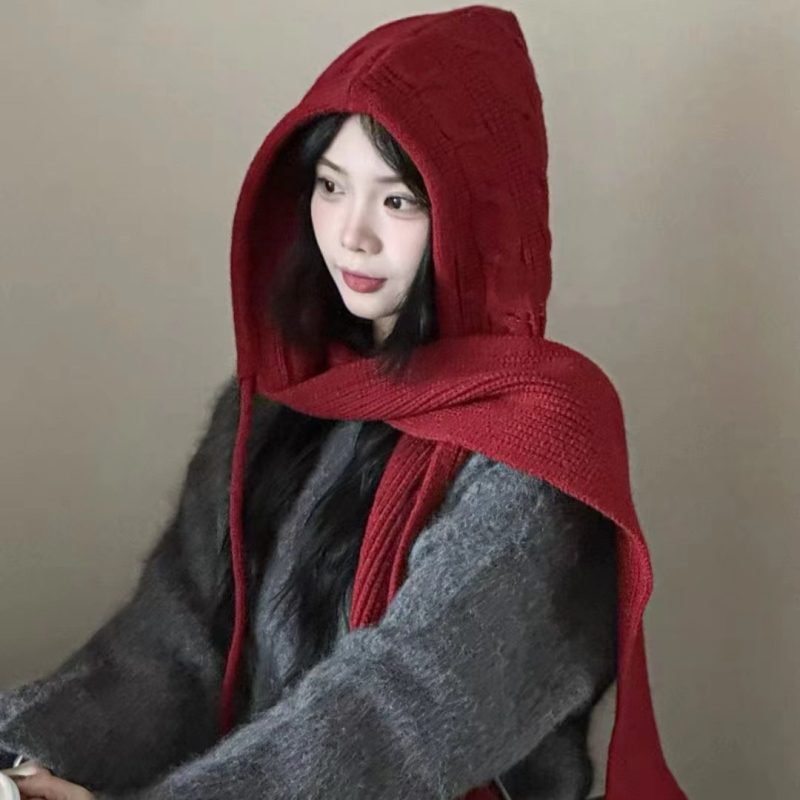 Ženski vuneni šal s kapuljom i vrpcom — trosezonska toplina, japansko-korejski stil, jacquard pletenje
