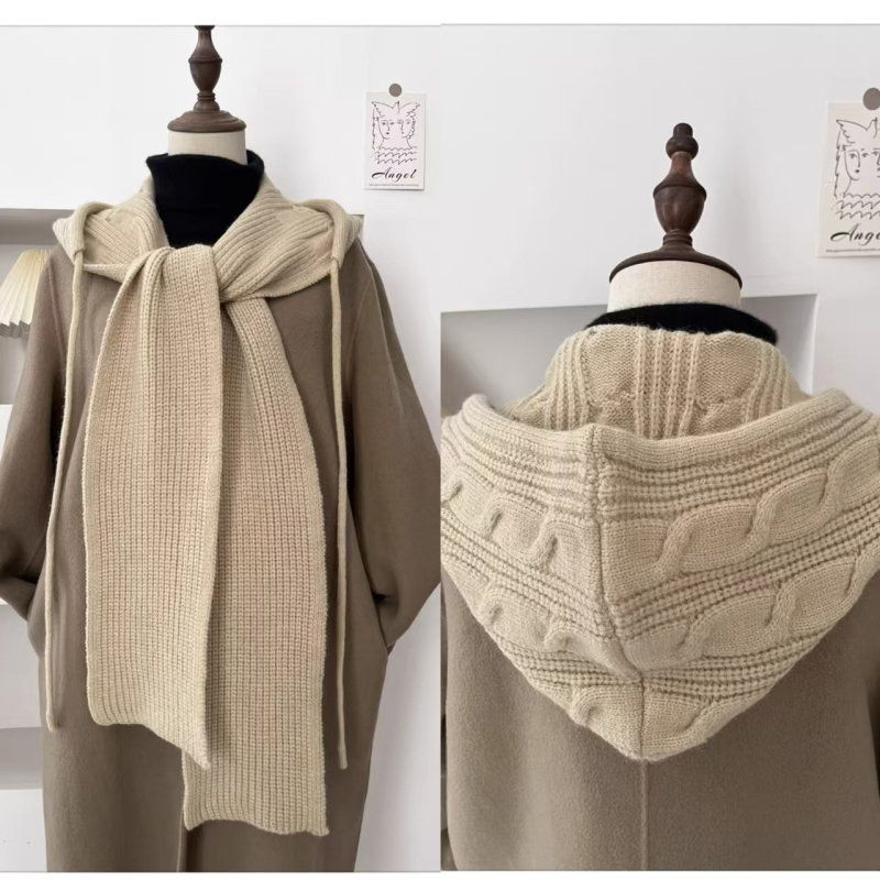 Ženski vuneni šal s kapuljom i vrpcom — trosezonska toplina, japansko-korejski stil, jacquard pletenje