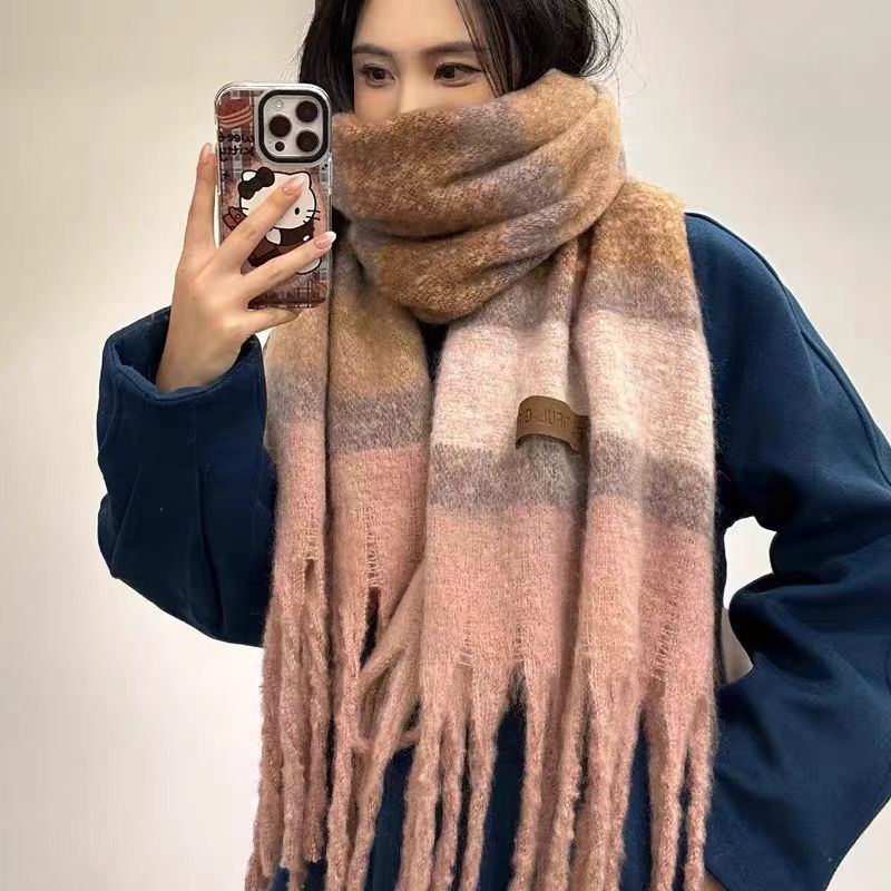 Mohair šal s prugama – dvostruka upotreba, zimska toplina, korejski stil, warp tkanje, produžena duljina