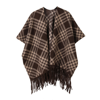 Șal dama cu ciucuri, model pătrat în carouri și dungi, poliester, țesătură Jacquard prin warp-knitting, păstra căldura, stil coreean, pentru toamnă-iarnă