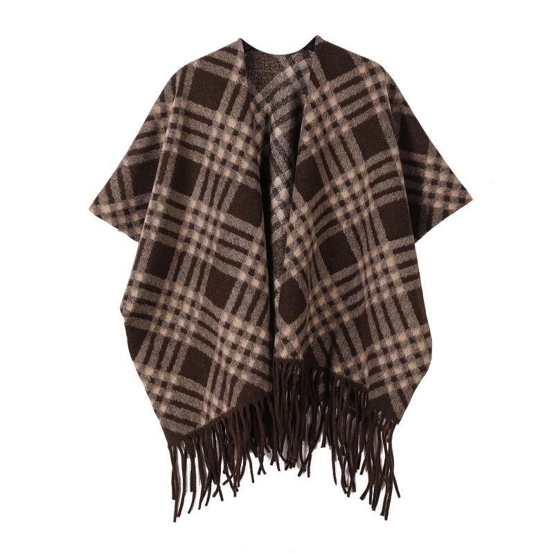 Șal dama cu ciucuri, model pătrat în carouri și dungi, poliester, țesătură Jacquard prin warp-knitting, păstra căldura, stil coreean, pentru toamnă-iarnă