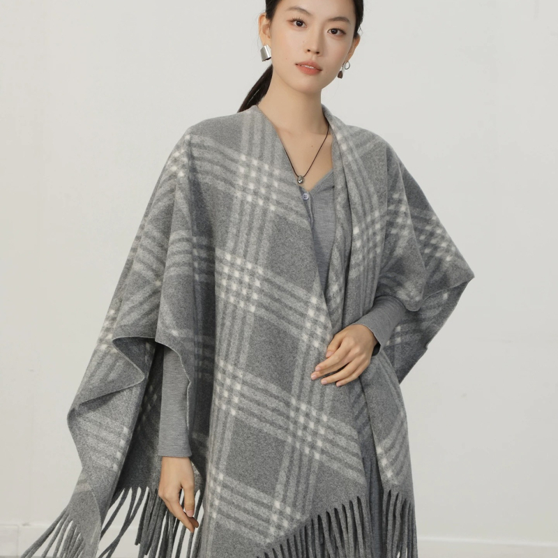 Șal dama cu ciucuri, model pătrat în carouri și dungi, poliester, țesătură Jacquard prin warp-knitting, păstra căldura, stil coreean, pentru toamnă-iarnă