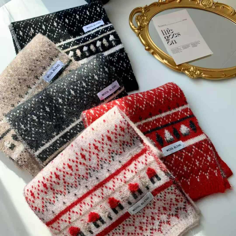 Zimski ženski pleteni šal od vunene smjese, ravno tkanje, toplo, srednje dugačak, britanski retro stil