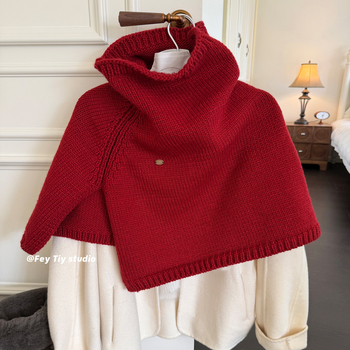 Pelerină-șal tricotat cu glugă pentru femei, căldură de iarnă, material amestec, tricotaj warp, guler înalt