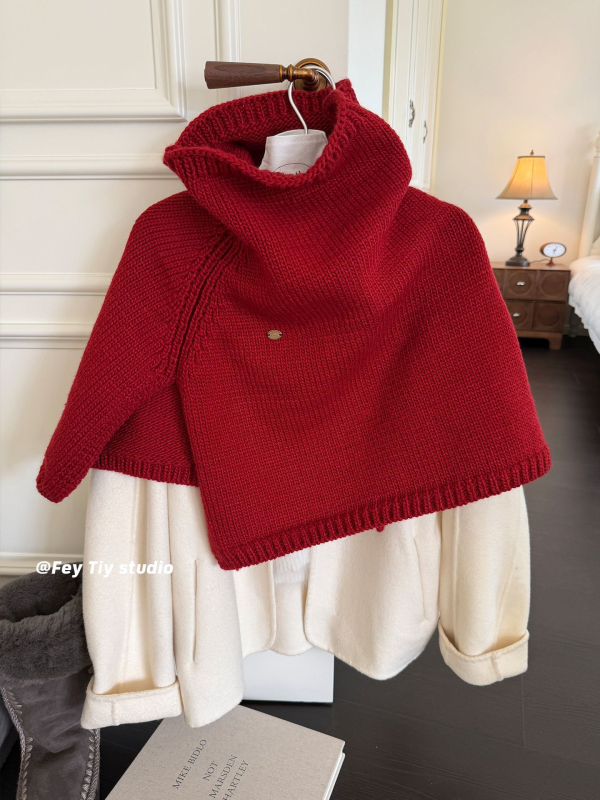 Pelerină-șal tricotat cu glugă pentru femei, căldură de iarnă, material amestec, tricotaj warp, guler înalt