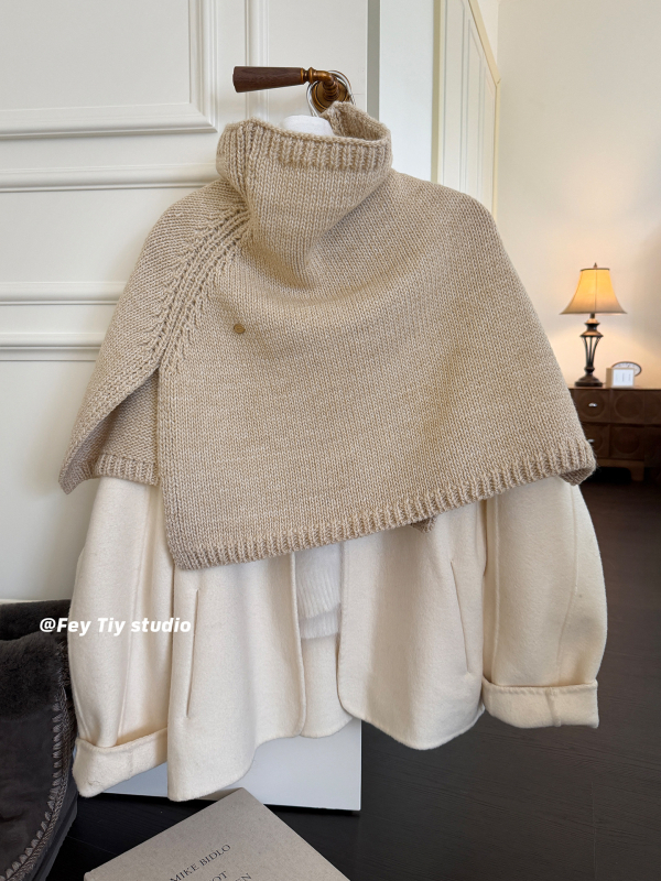 Pelerină-șal tricotat cu glugă pentru femei, căldură de iarnă, material amestec, tricotaj warp, guler înalt