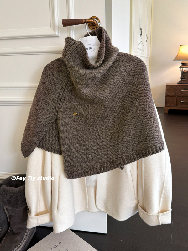 Pelerină-șal tricotat cu glugă pentru femei, căldură de iarnă, material amestec, tricotaj warp, guler înalt